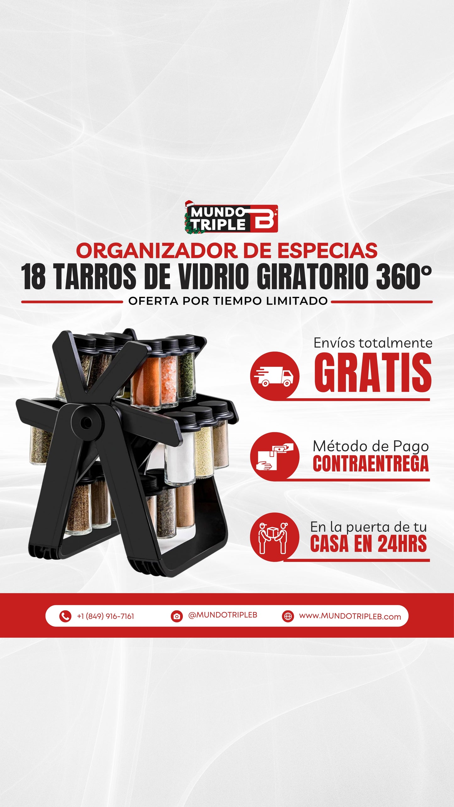 ELEGANTE ORGANIZADOR DE ESPECIAS GIRATORIO 360° CON 18 TARROS RECARGABLE