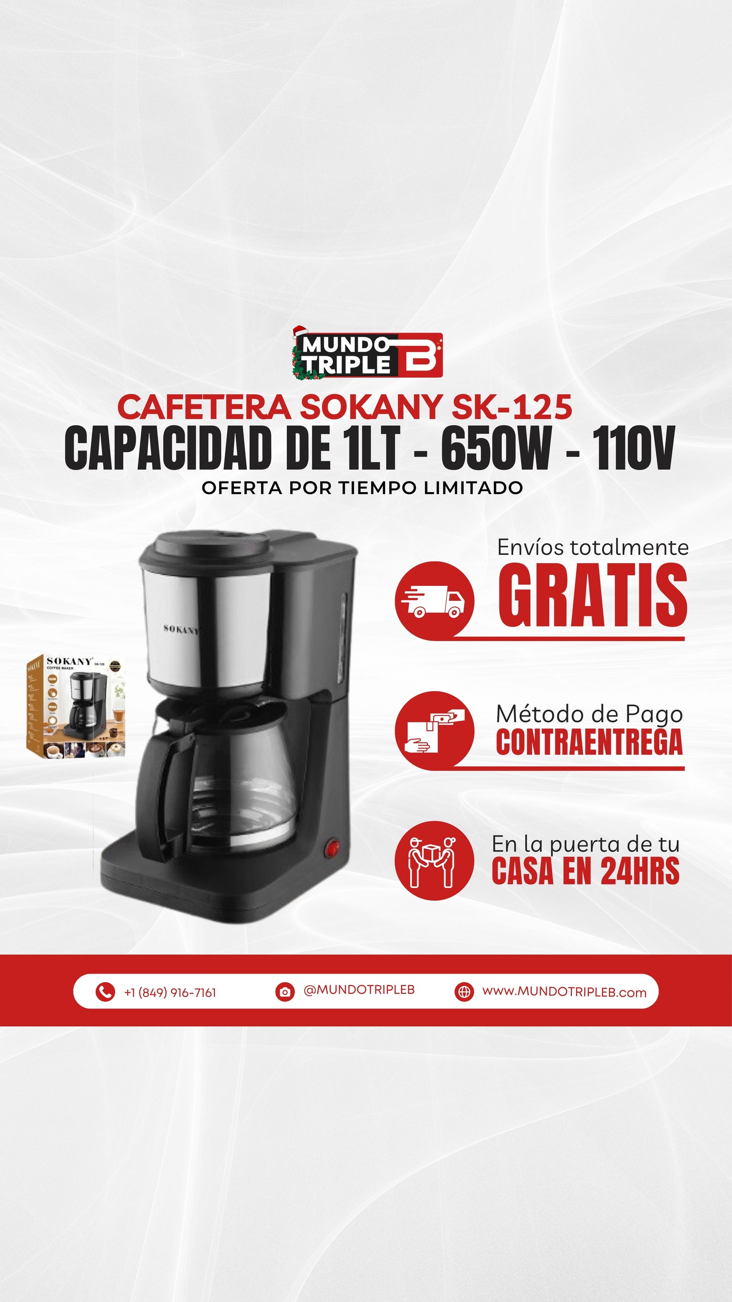 CAFETERA SOKANY DE 1LT, 650W, 900ML, 110V PARA 12 TAZAS