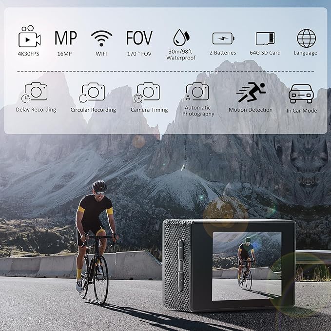 CÁMARA DE ACCIÓN HD CON WIFI: Alta calidad, gran angular y accesorios incluidos para cualquier aventura