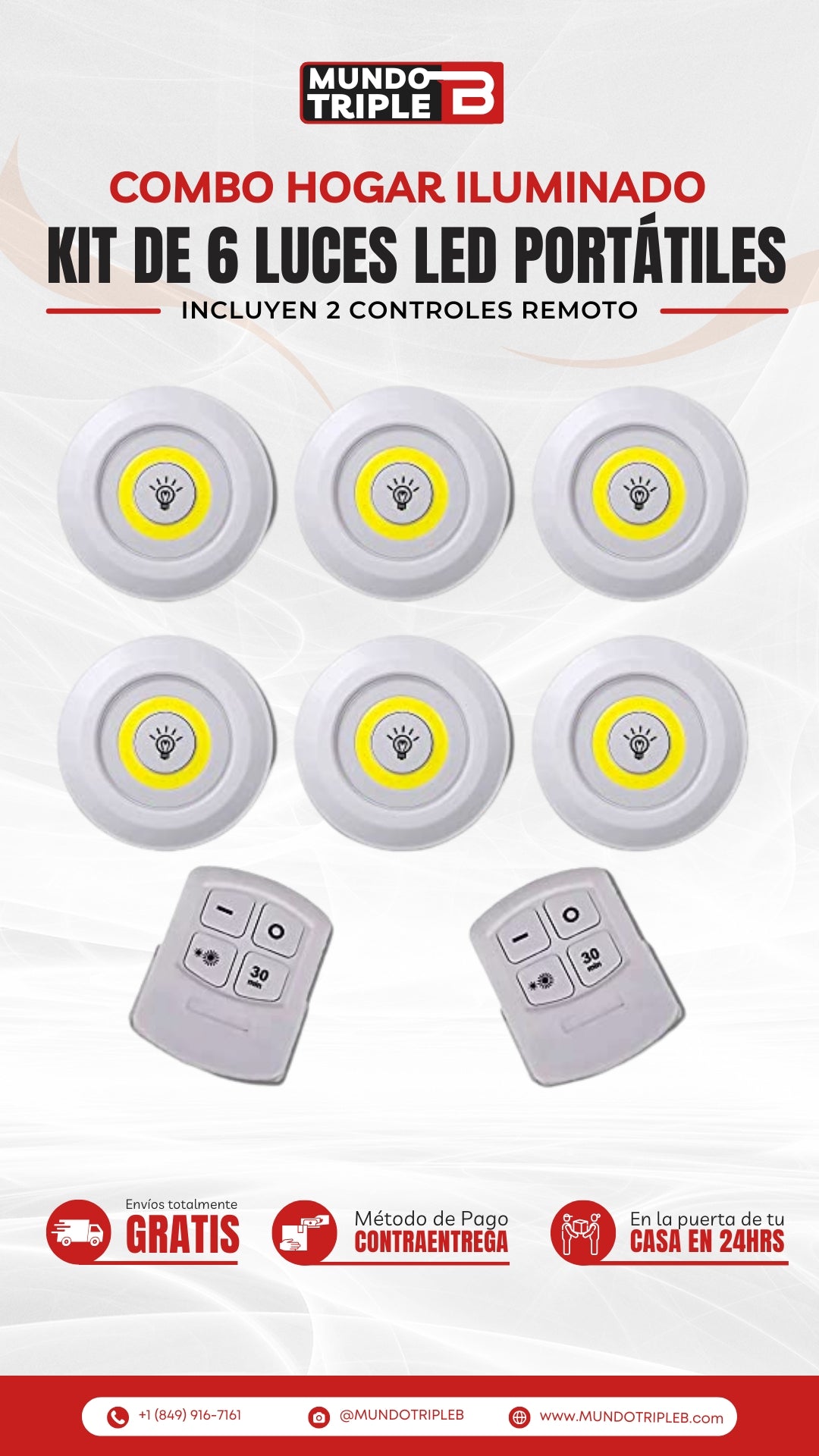 KIT DE 6 LUCES INALÁMBRICAS + 2 CONTROL REMOTO: Brillo ajustable y temporizador | Comodidad y ahorro en cada clic