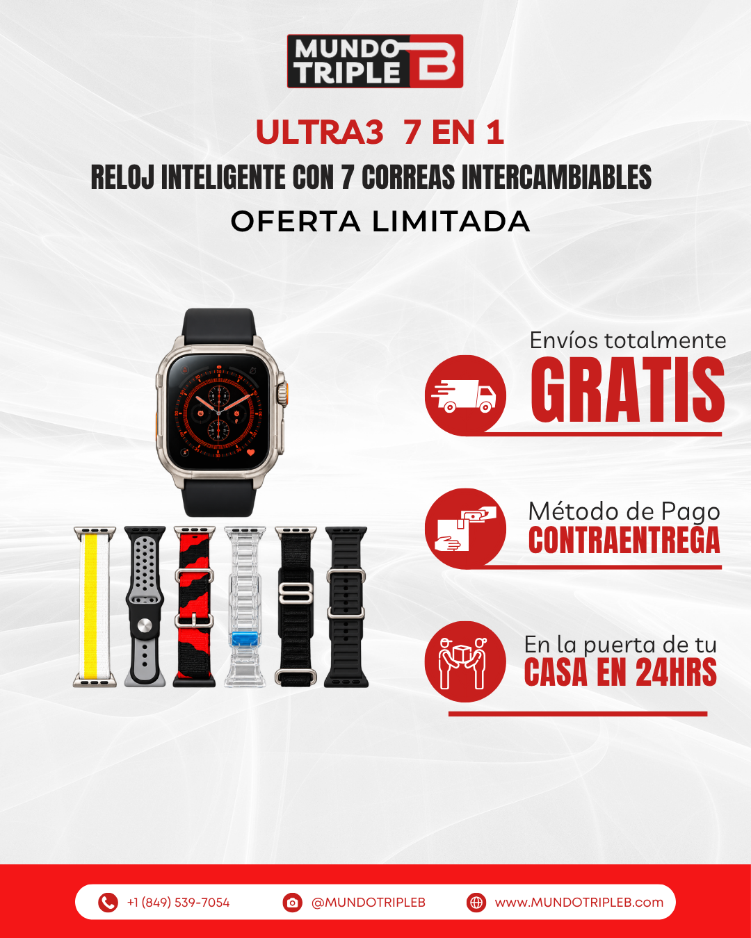 Ultra3 SmartFit 7 en 1 | Reloj Inteligente con 7 Correas Intercambiables, Llamadas Bluetooth y Monitoreo Deportivo