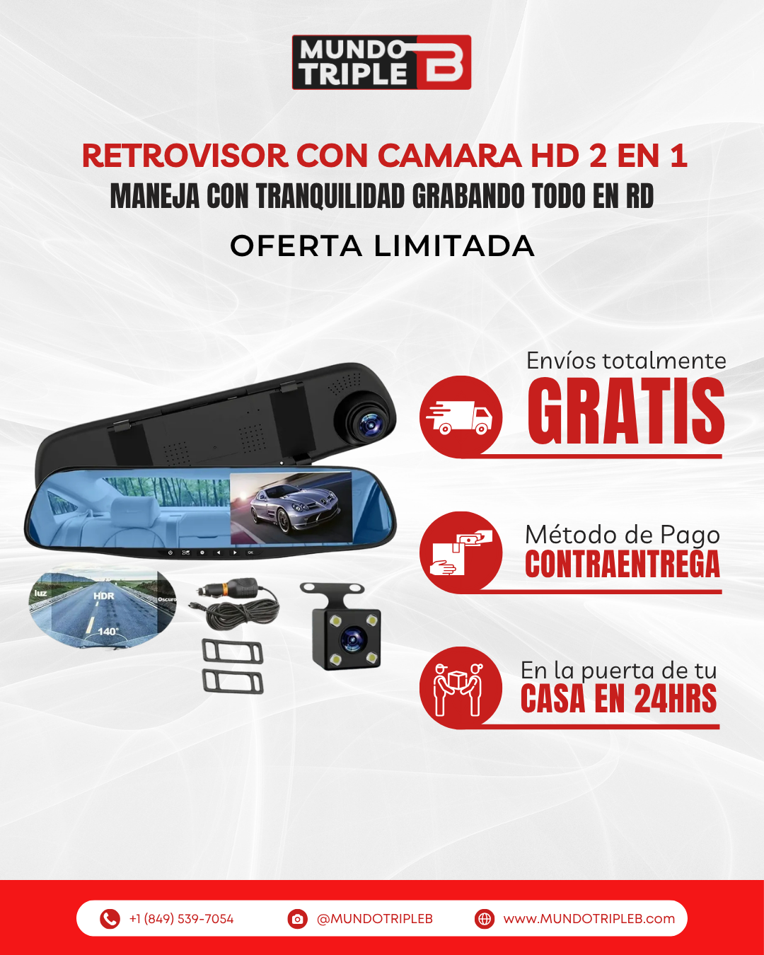 Retrovisor con Cámara SafeDrive™ | Protege tu carro y graba todo: Retrovisor 2 en 1 con Cámara