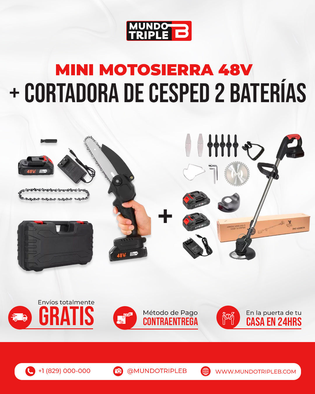 COMBO: Mini Motosierra Sierra Electrica Inalámbrica 48V + Cortadora césped 2 batería 48V TurboJardín™ | Combo Potente de Jardinería: ¡Corta, Poda y Despeja como un Profesional!