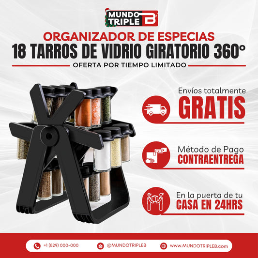 ELEGANTE ORGANIZADOR DE ESPECIAS GIRATORIO 360° CON 18 TARROS RECARGABLE