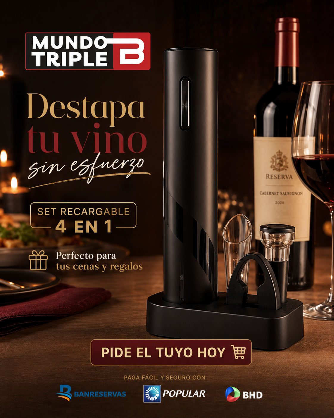 Destapador de vino electrico 4 en 1 – Destapa en Segundos y Disfruta sin Lucha