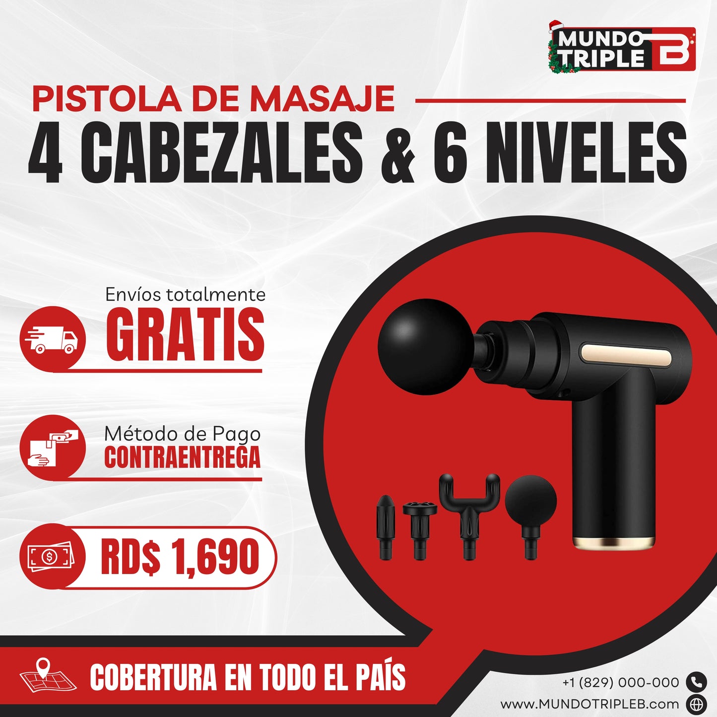 PISTOLA DE MASAJE RECARGABLE PROFESIONAL CON 4 CABEZAS INTERCAMBIABLES Y 6 NIVELES DE INTENSIDAD