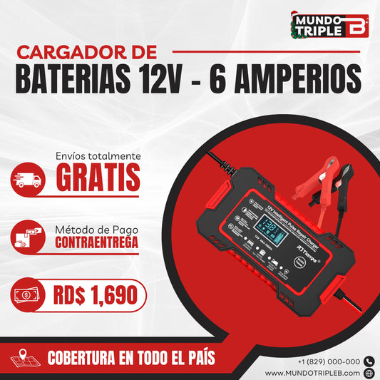 CARGADOR DE BATERÍAS PARA VEHÍCULOS DE 12V Y 6 AMPERIOS