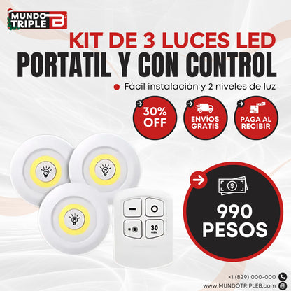 KIT DE 3 LUCES INALÁMBRICAS + CONTROL REMOTO: Brillo ajustable y temporizador | Comodidad y ahorro en cada clic