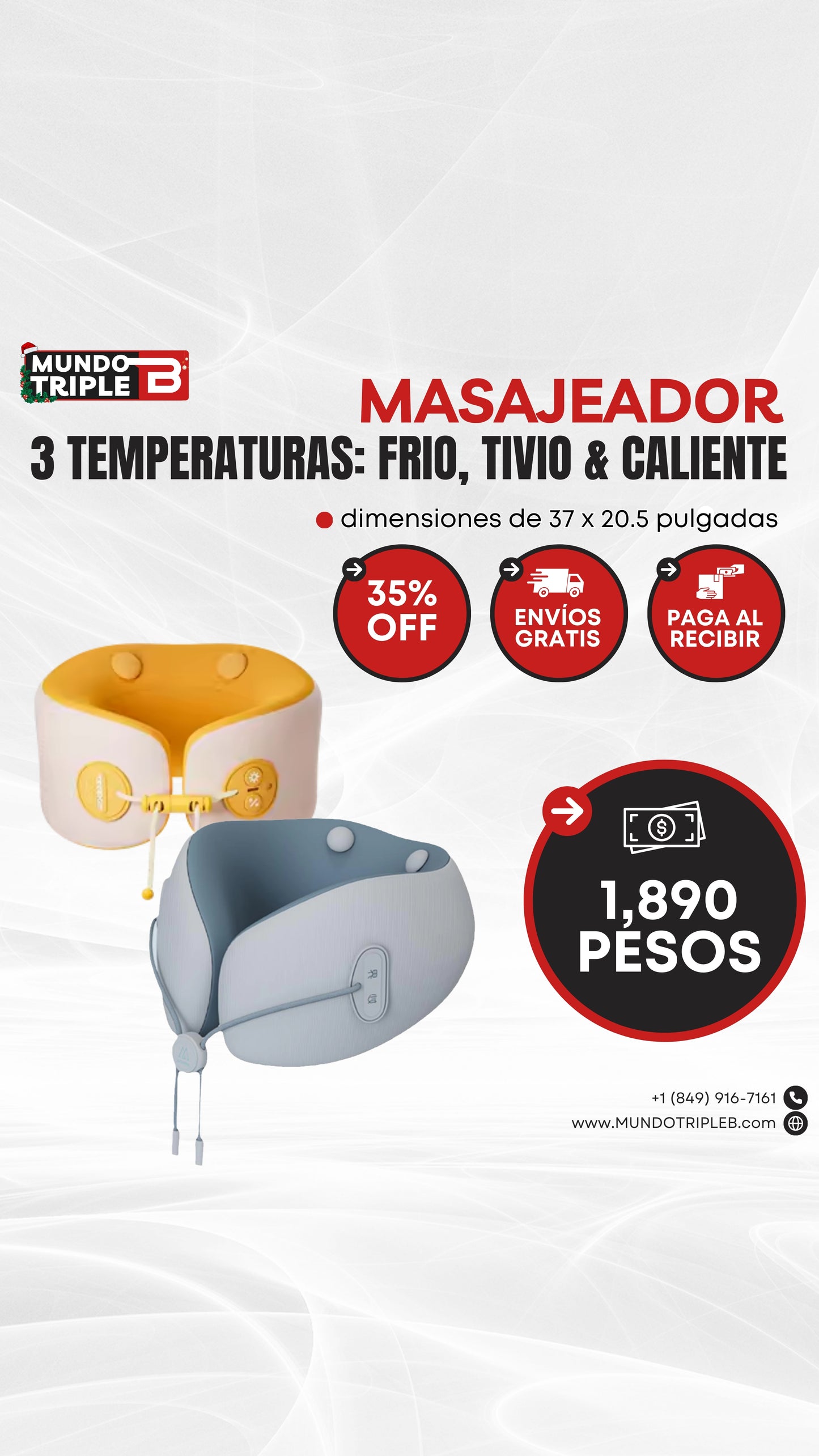 ALMOHADA MASAJEADORA PARA CUELLO  RECARGABLE CON 3 MODOS DE TEMPERATURA