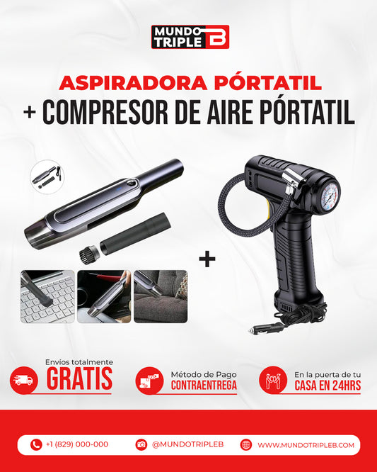 Aspiradora Portátil + Compresor de Aire Portátil TurboClean™ | Combo 2 en 1: Aspiradora + Compresor Portátil – ¡Tu carro siempre listo!