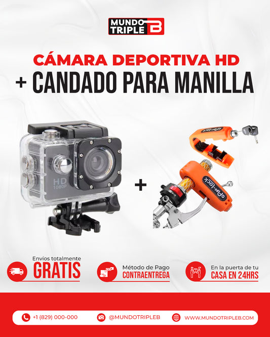 (COMBO): Cámara deportiva + Candado para motores AdvenLock™ |  Aventura + Protección: Cámara 4K + Candado Antirrobo para Motocicleta