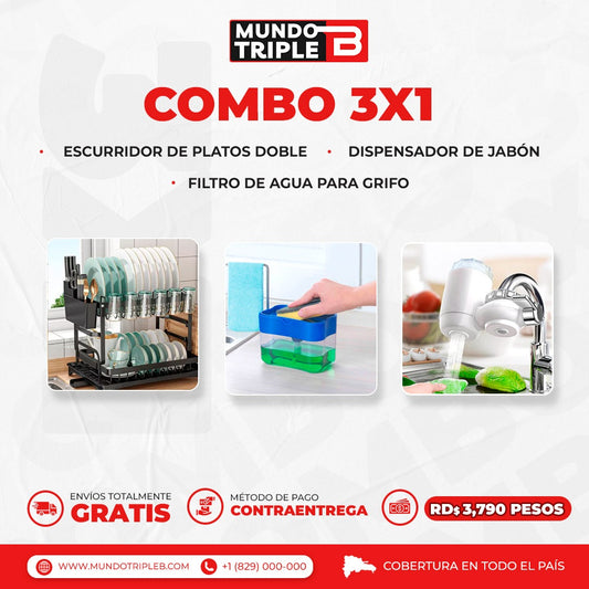 ¡OFERTA! COMBO 3 x 1: Escurridor de Platos Doble + Dispensador de Jabón + Filtro de Agua
