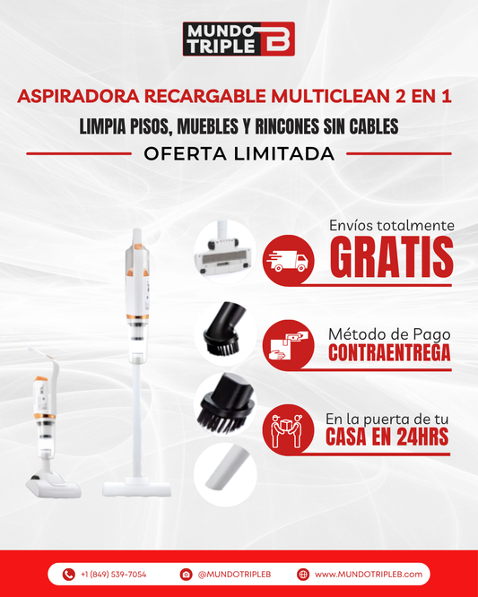 Aspiradora Recargable MultiClean 2 en 1 | Limpia pisos, muebles y rincones sin cables