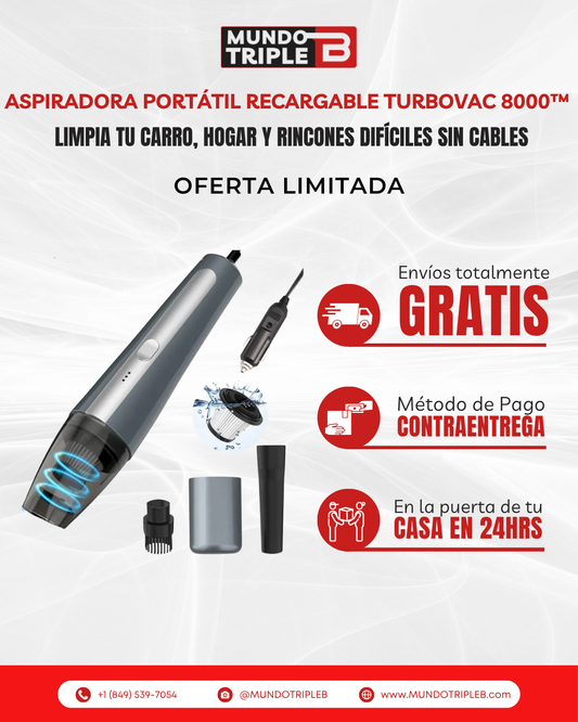 Aspiradora Portátil Recargable TurboVac 8000™ | Limpia tu carro, hogar y rincones difíciles sin cables