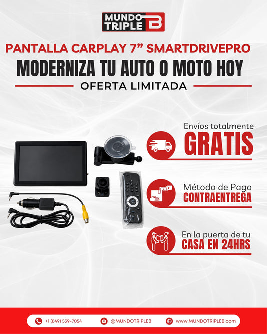 Pantalla CarPlay 7” SmartDrivePro| Navegación y Música Sin Cables: Moderniza tu Auto o Moto