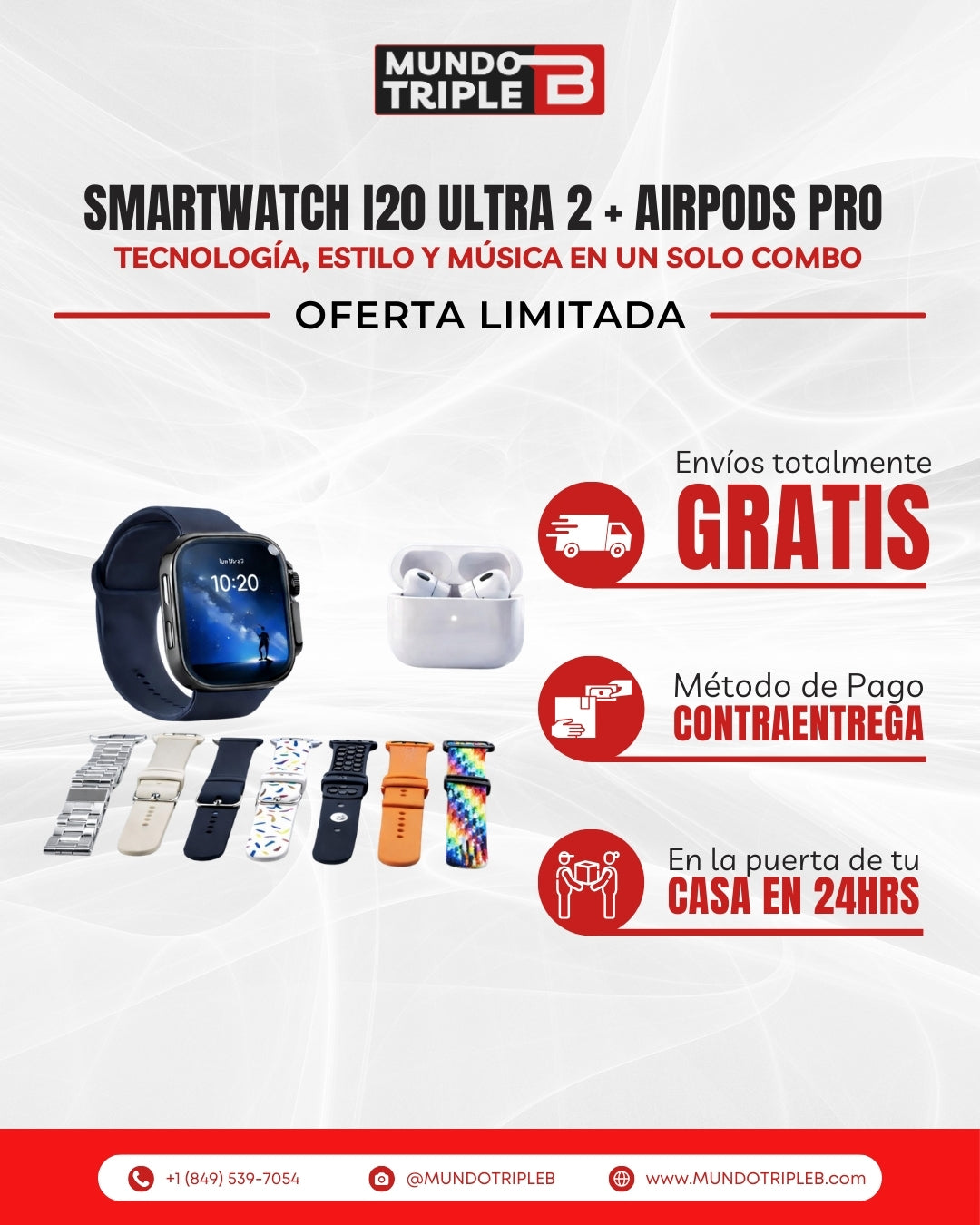 Combo i20 Smartwatch Ultra 2 + Airpods Pro | Con 7 Corres Intercambiables y Audífonos con cancelación de ruido
