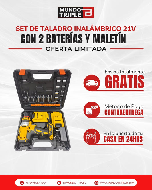 Set de Taladro Inalámbrico 21V | 2 Baterías, Brocas, Puntas y Accesorios en Maletín Completo