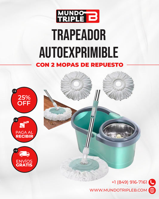 Trapeador autoexprimible con 2 mopas HogarMax™ | Trapeador Giratorio Autoexprimible – ¡Limpieza sin esfuerzo!