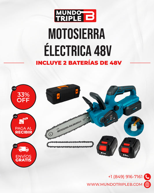 Motosierra Eléctrica Inalámbrica de Alta Potencia PowerPro™ | ¡Corta como un profesional! Motosierra Eléctrica 48V con Espada de 12” y Maletín