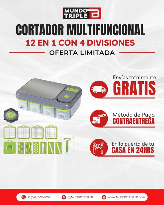 Cortador Multifuncional 12 en 1 con 4 Divisiones | Cocina Fácil, Rápida y Sin Esfuerzo