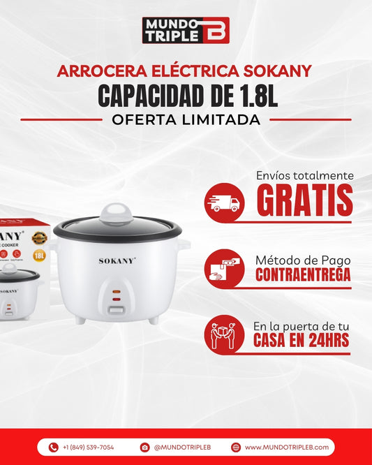 Olla Arrocera Eléctrica Sokany 1.8L | Cocina Arroz Perfecto en Minutos, Manténlo Caliente Automáticamente y Disfruta Practicidad en tu Hogar