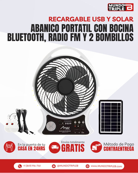 Abanico SolarBreeze™ Recargable con Bocina Bluetooth y 2 bombillos | Dile adiós al calor con este ventilador recargable y portátil
