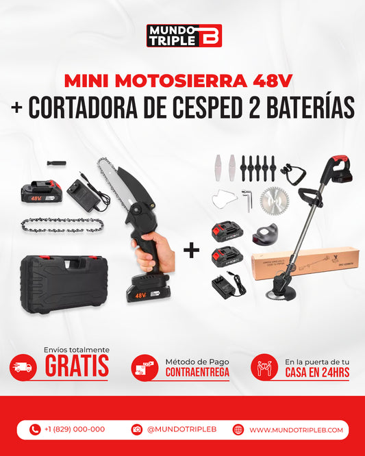 COMBO: Mini Motosierra Sierra Electrica Inalámbrica 48V + Cortadora césped 2 batería 48V TurboJardín™ | Combo Potente de Jardinería: ¡Corta, Poda y Despeja como un Profesional!